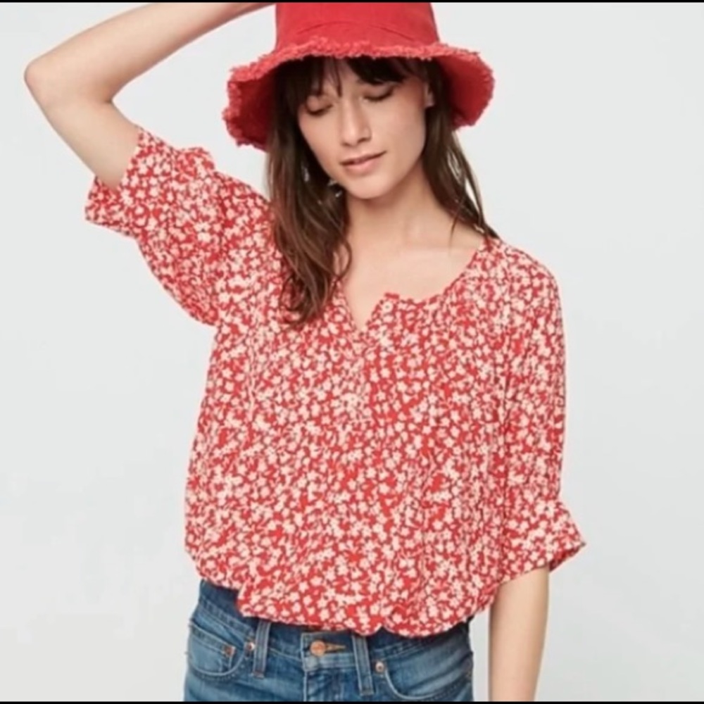 J. Crew Red Floral Dolman Sleeve Blouse